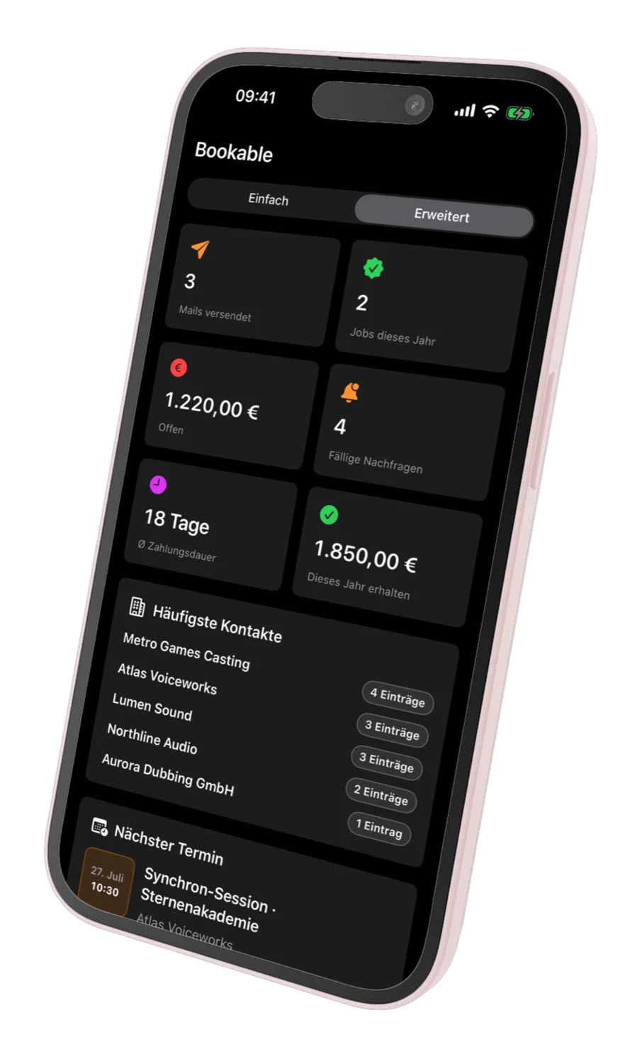 Bookable Dashboard auf einem Smartphone